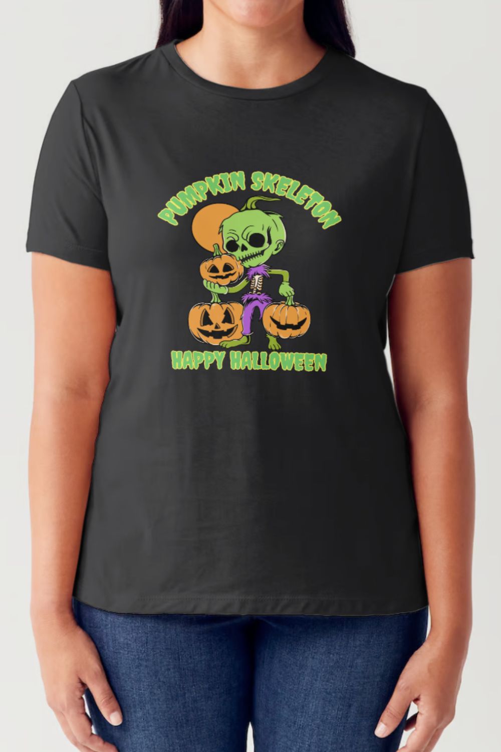 Simply Love - Pumpkin Skeleton Happy Halloween Short Sleeve Seamless T-Shirt