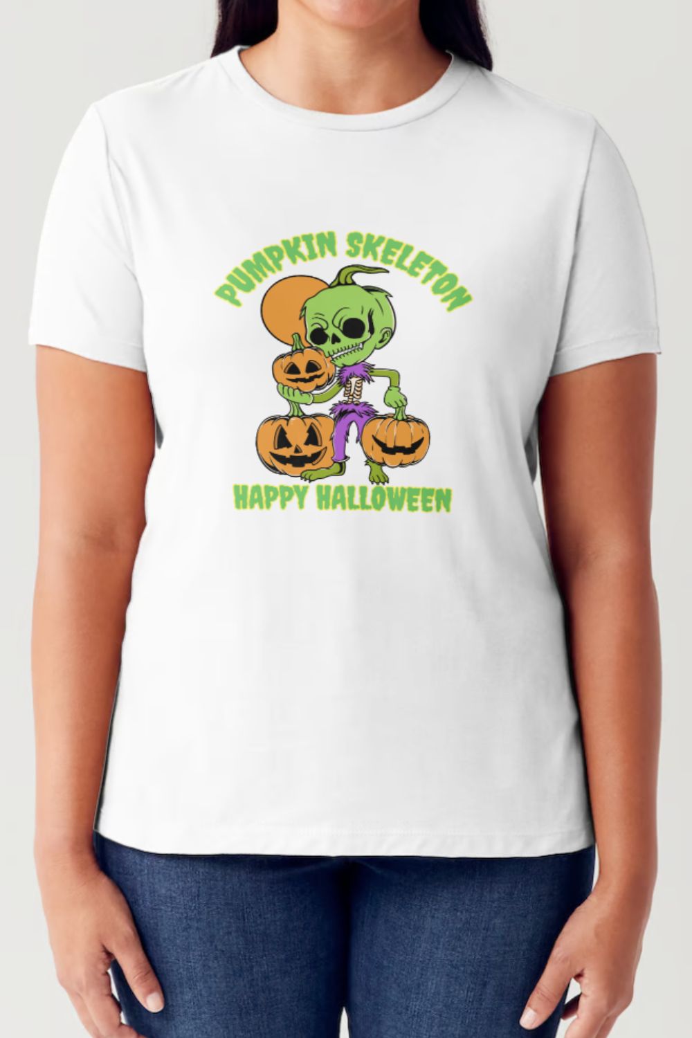 Simply Love - Pumpkin Skeleton Happy Halloween Short Sleeve Seamless T-Shirt