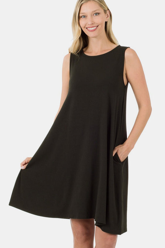 Sleeveless Flared Knee-Length Dress with Pockets in BlackKnee-Length DressZenana