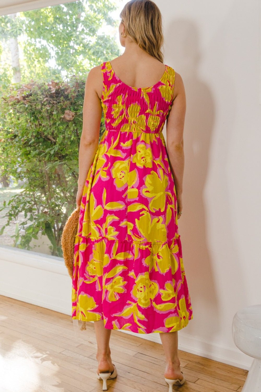 Sleeveless Floral Smocked Midi Dress in Hot Pink MultiMidi DressODDI