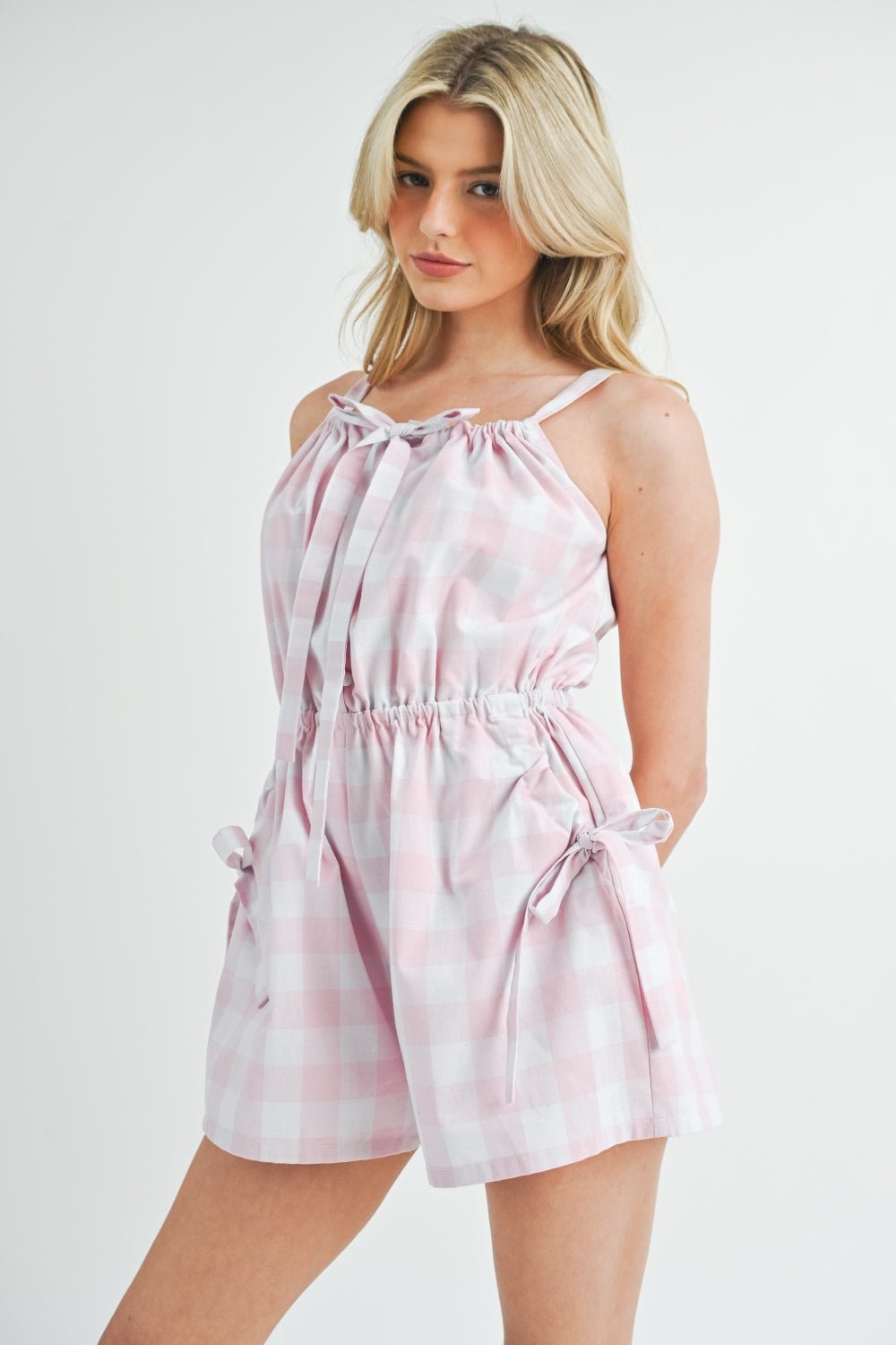 Sleeveless Plaid Button Down Romper in PinkRomperMable