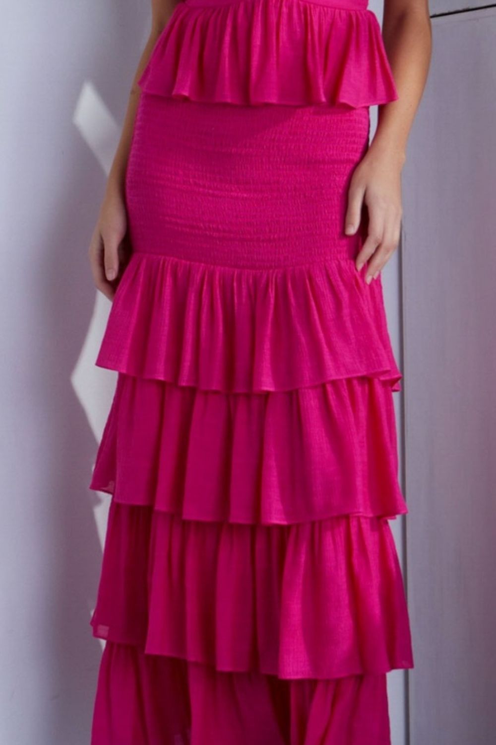 Smocked Ruffled Layered Hem Maxi Dress in Hot PinkMaxi DressTASHA