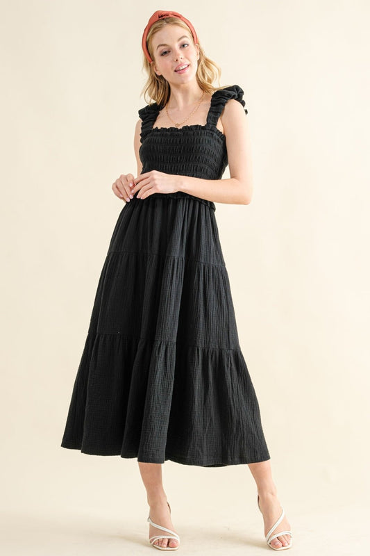 Smocked Ruffled Tiered Sleeveless Midi Dress in BlackMidi DressAnd the Why