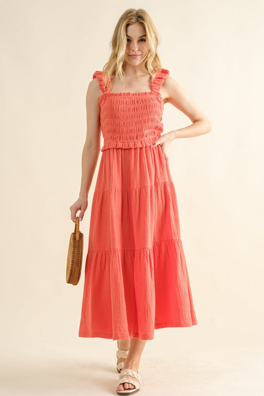 Smocked Ruffled Tiered Sleeveless Midi Dress in CamelliaMidi DressAnd the Why