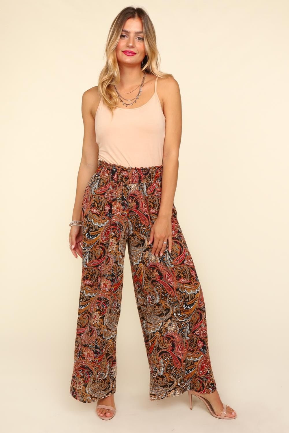 Smocked Waist Paisley Print Pants in BlackPantsHaptics