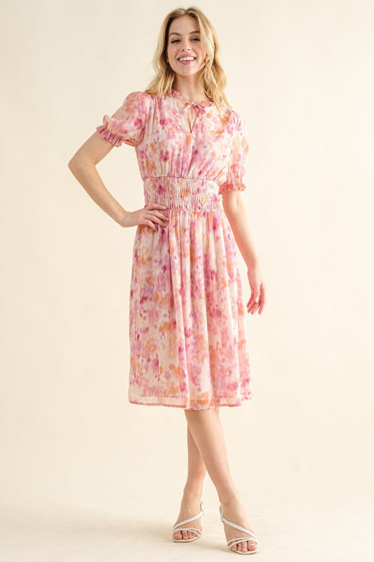 Smocked Waist Printed Midi Dress in Pink MultiMidi DressAnd the Why