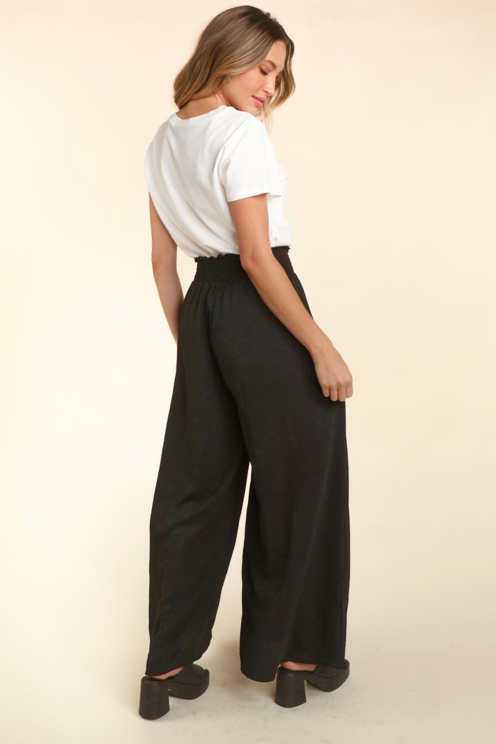 Smocked Waist Wide Leg Pants with Pockets in BlackPantsHaptics