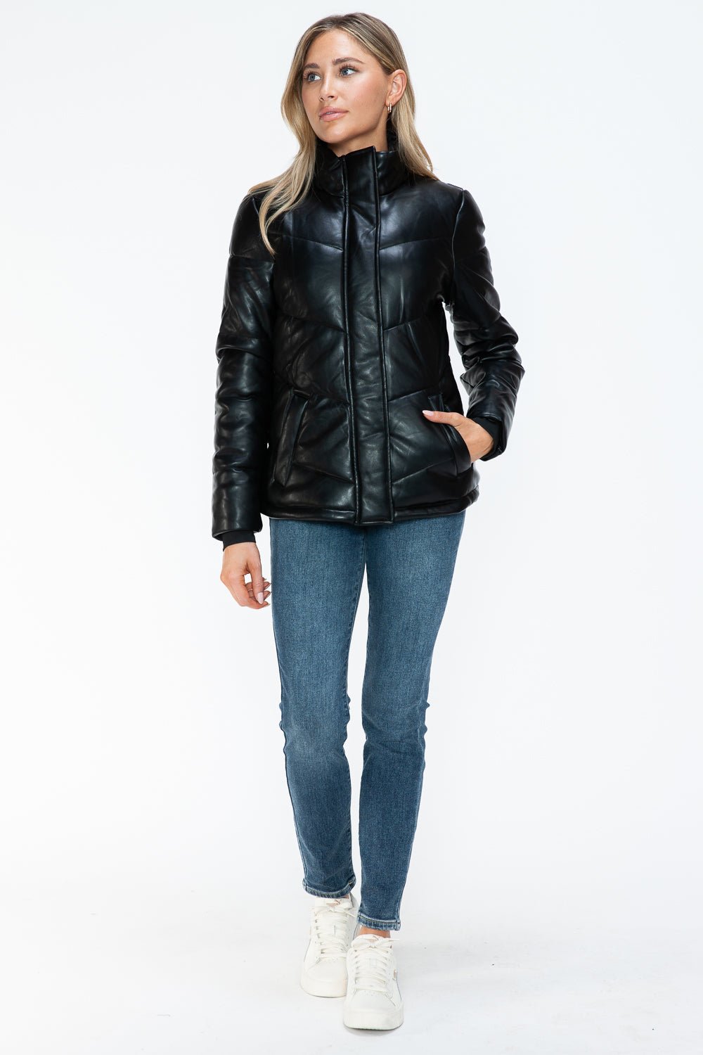 SNOBBISH - Black Vegan Leather Zip Up Puffer Jacket