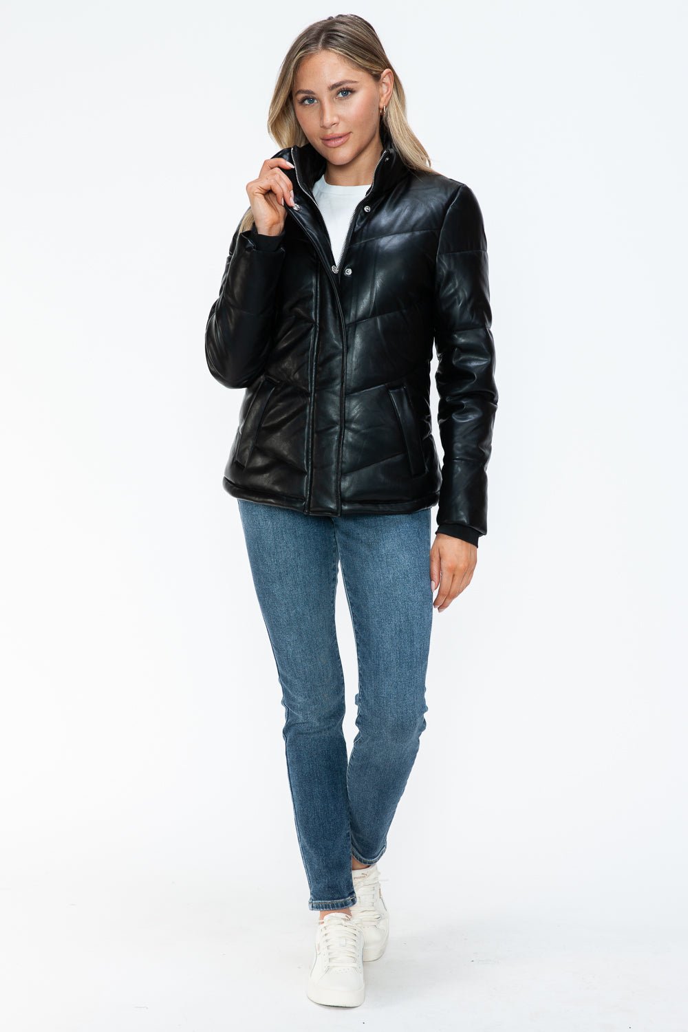 SNOBBISH - Black Vegan Leather Zip Up Puffer Jacket