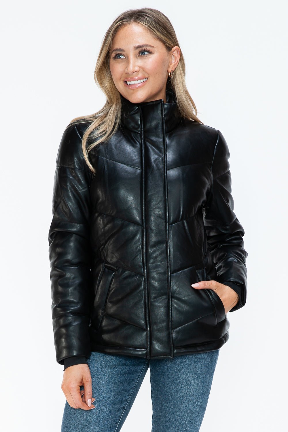 SNOBBISH - Black Vegan Leather Zip Up Puffer Jacket