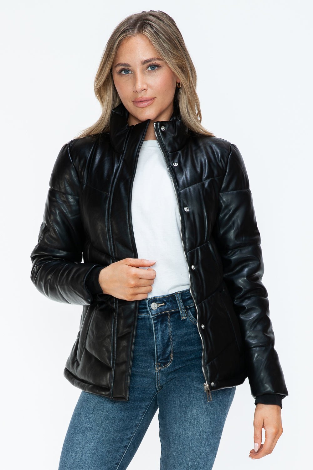 SNOBBISH - Black Vegan Leather Zip Up Puffer Jacket