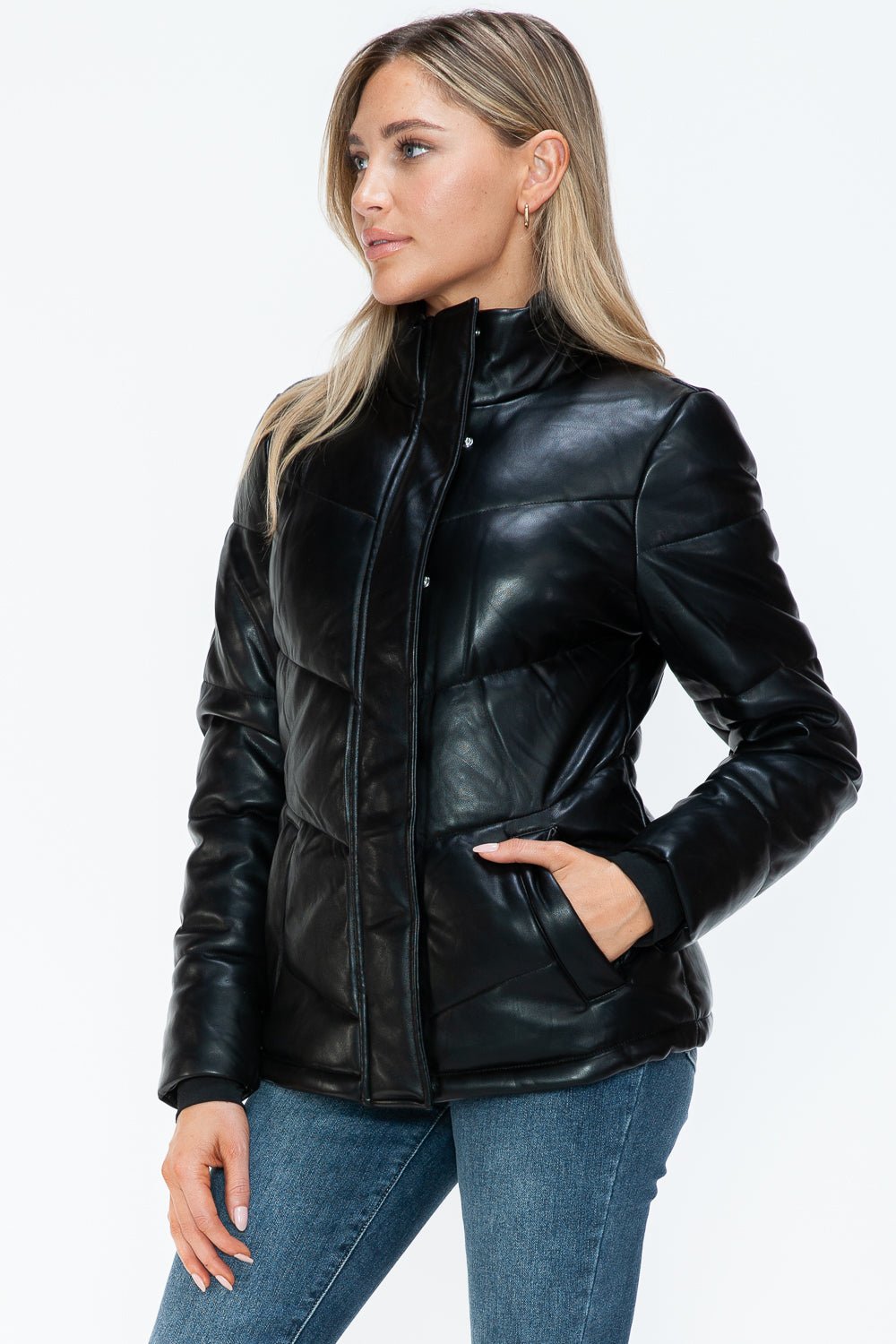 SNOBBISH - Black Vegan Leather Zip Up Puffer Jacket