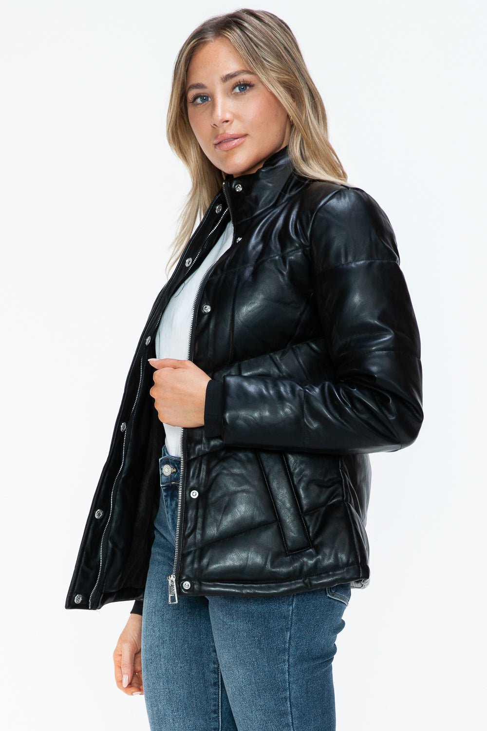 SNOBBISH - Black Vegan Leather Zip Up Puffer Jacket