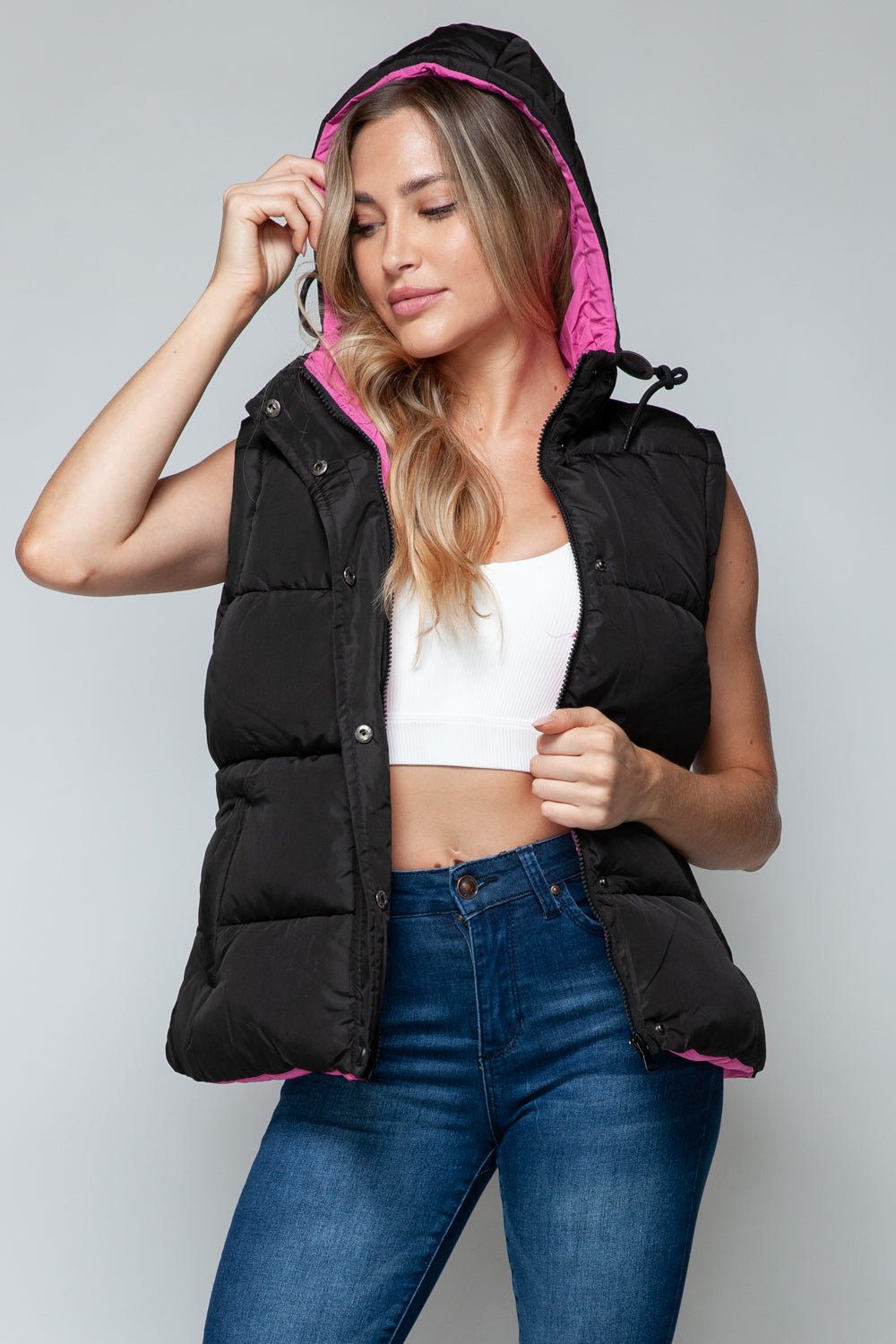 SNOBBISH - Snap and Zip Closure Hooded Vest in Black Rose Violet