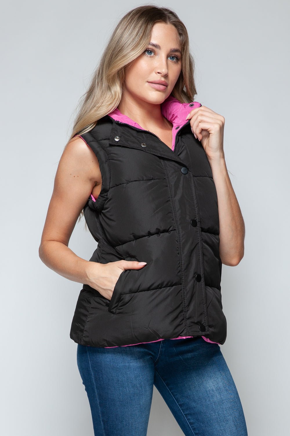 SNOBBISH - Snap and Zip Closure Hooded Vest in Black Rose Violet