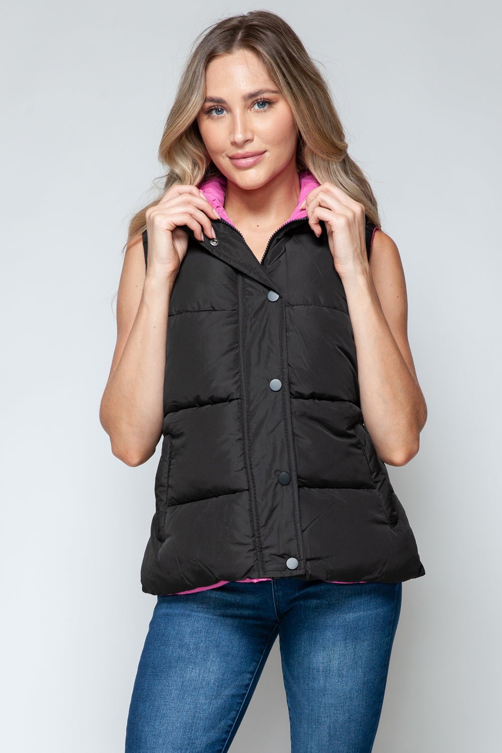 SNOBBISH - Snap and Zip Closure Hooded Vest in Black Rose Violet