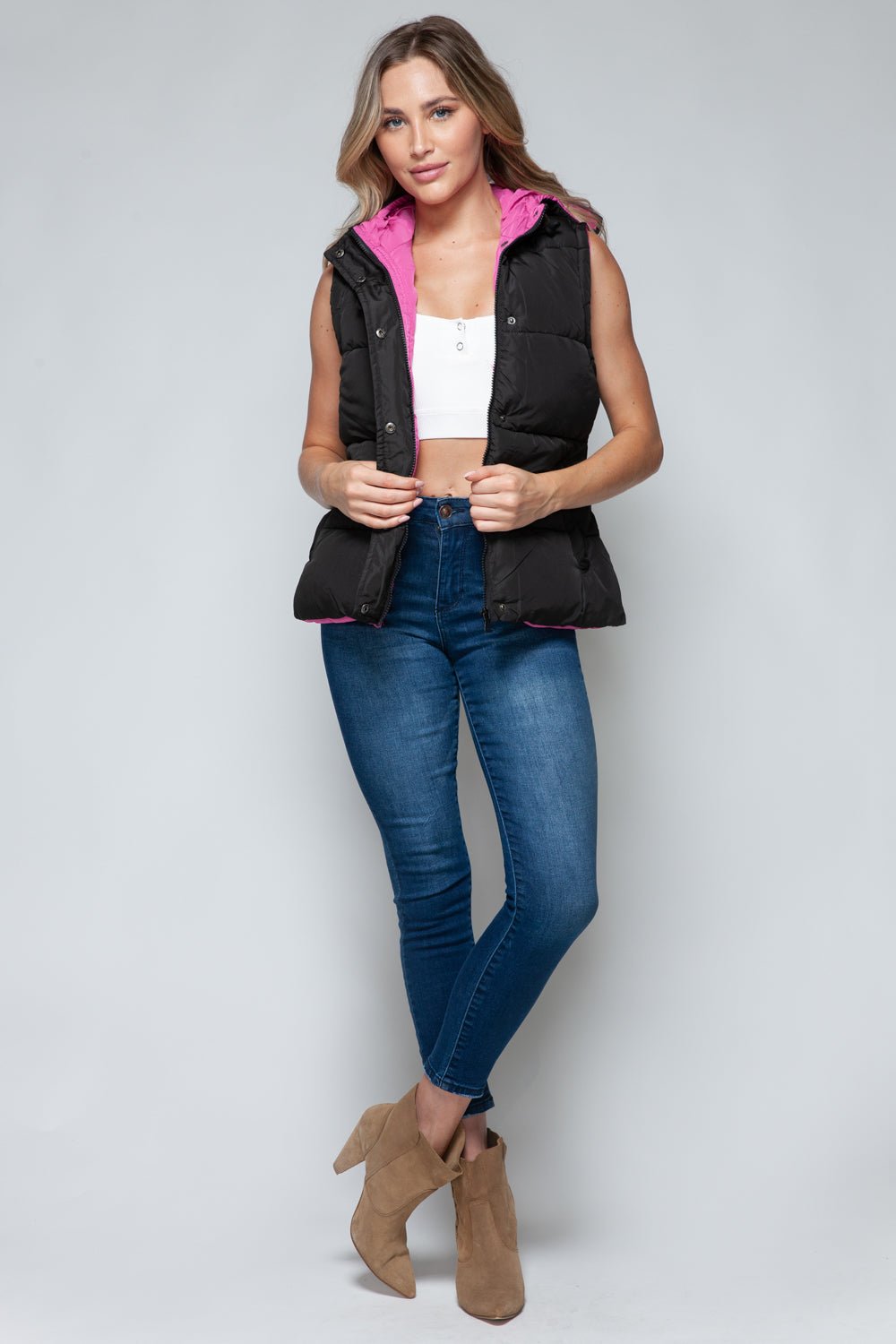 SNOBBISH - Snap and Zip Closure Hooded Vest in Black Rose Violet