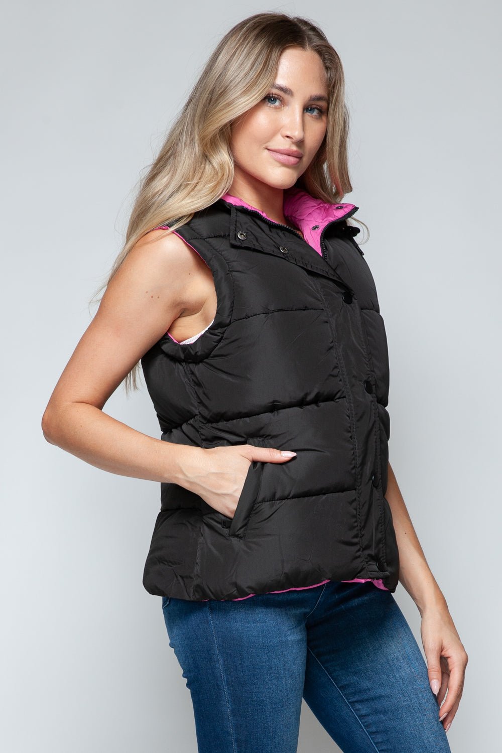 SNOBBISH - Snap and Zip Closure Hooded Vest in Black Rose Violet