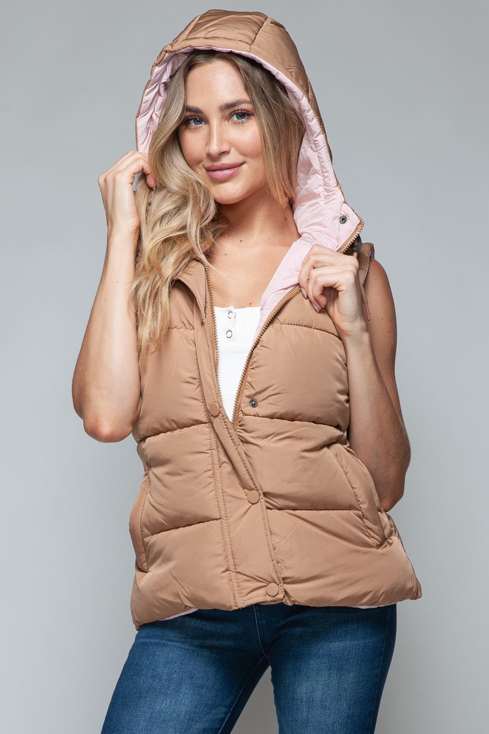 SNOBBISH - Snap and Zip Closure Hooded Vest in Camel