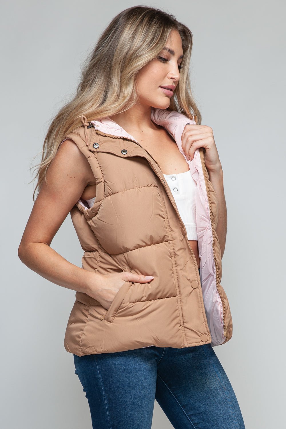 SNOBBISH - Snap and Zip Closure Hooded Vest in Camel