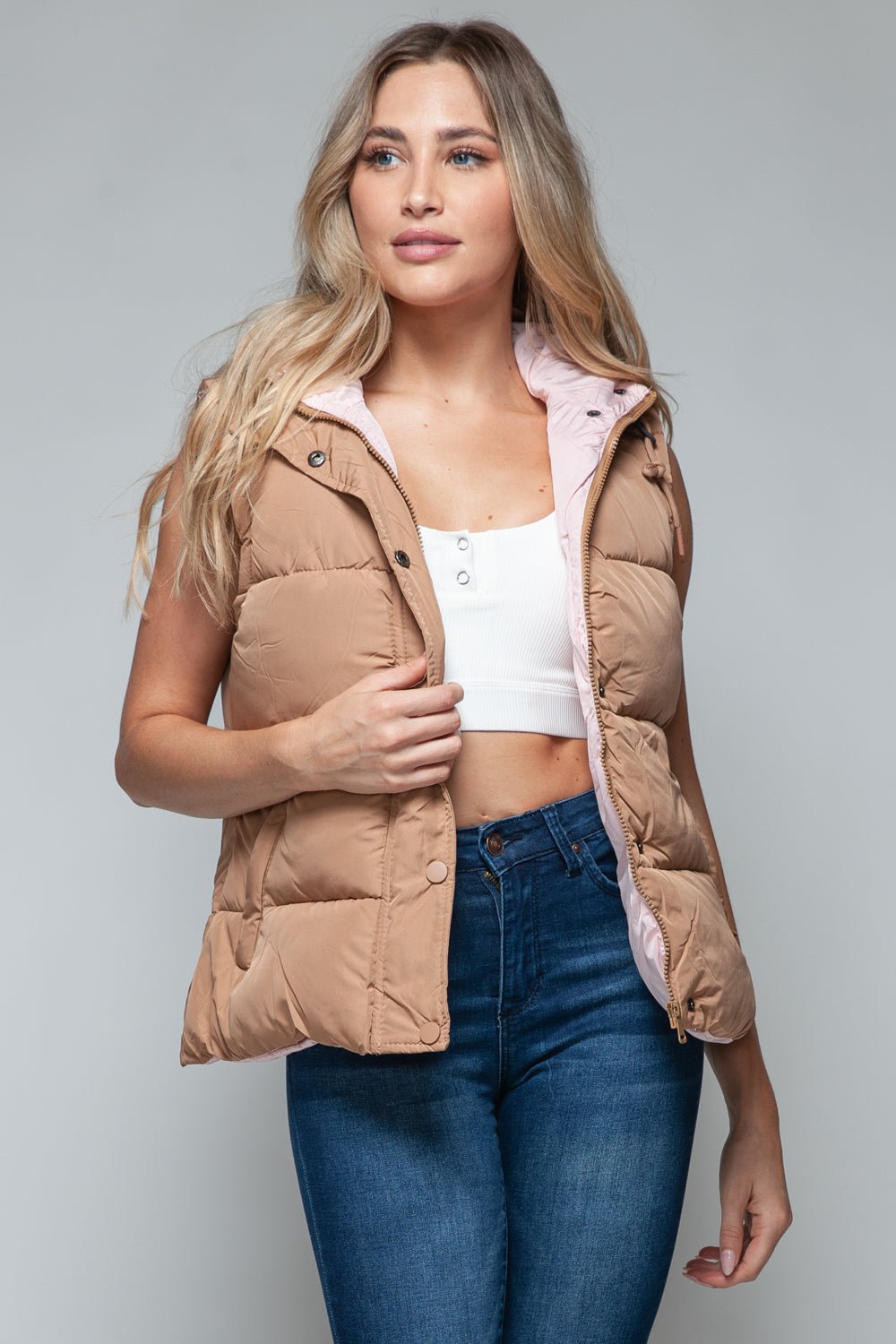 SNOBBISH - Snap and Zip Closure Hooded Vest in Camel