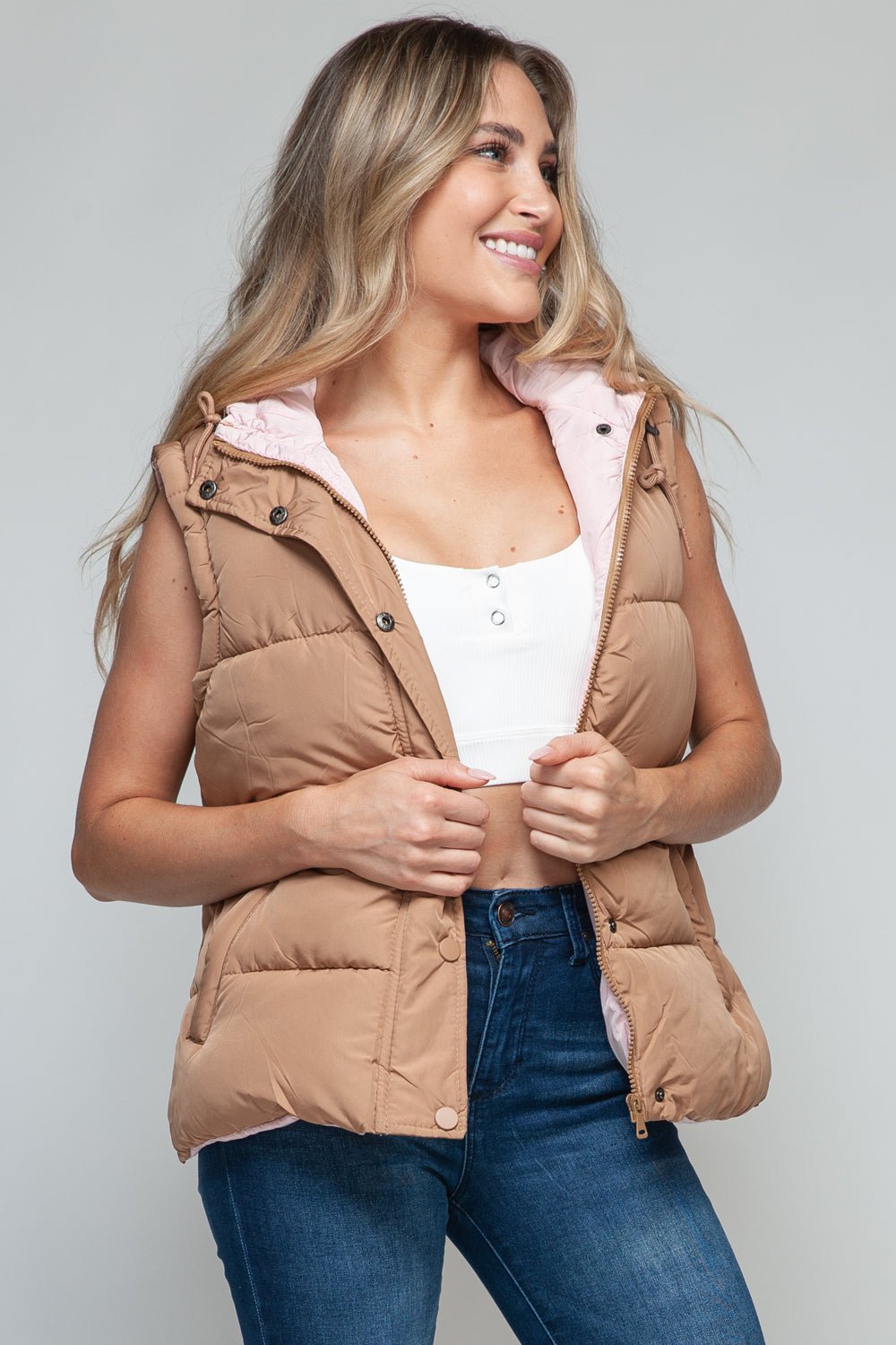 SNOBBISH - Snap and Zip Closure Hooded Vest in Camel