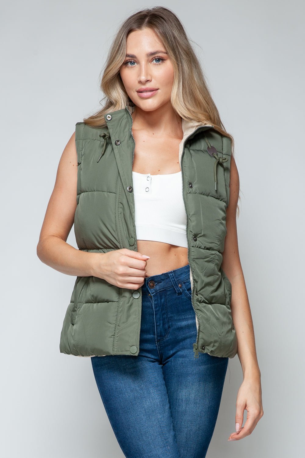 SNOBBISH - Snap and Zip Closure Hooded Vest in Light Olive Sand