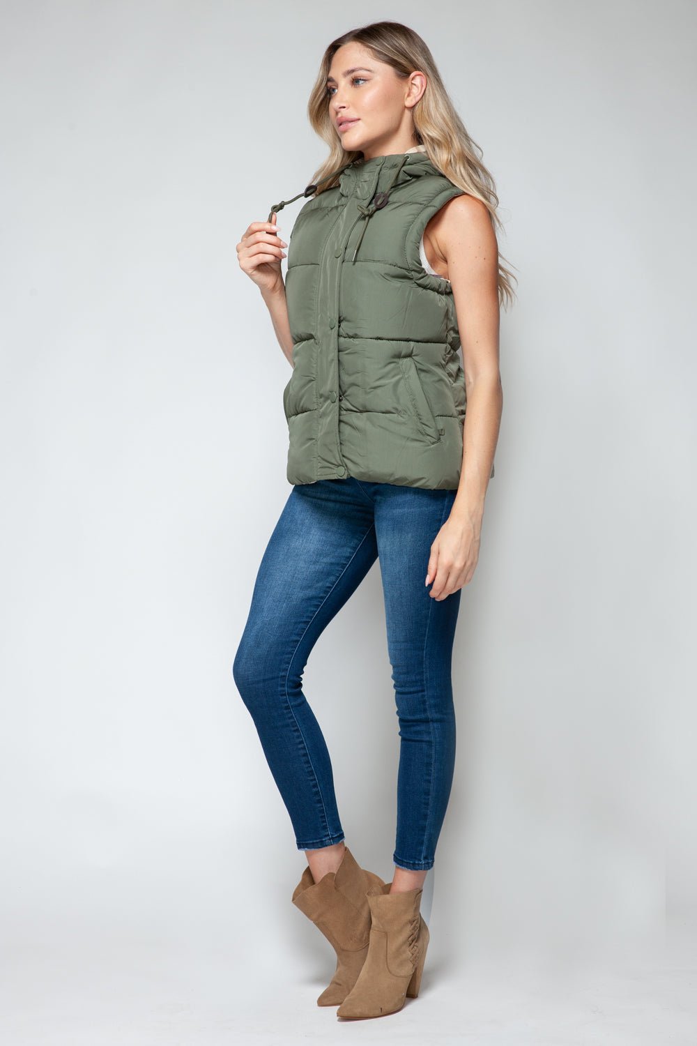 SNOBBISH - Snap and Zip Closure Hooded Vest in Light Olive Sand