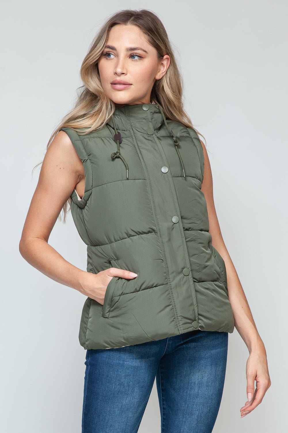 SNOBBISH - Snap and Zip Closure Hooded Vest in Light Olive Sand