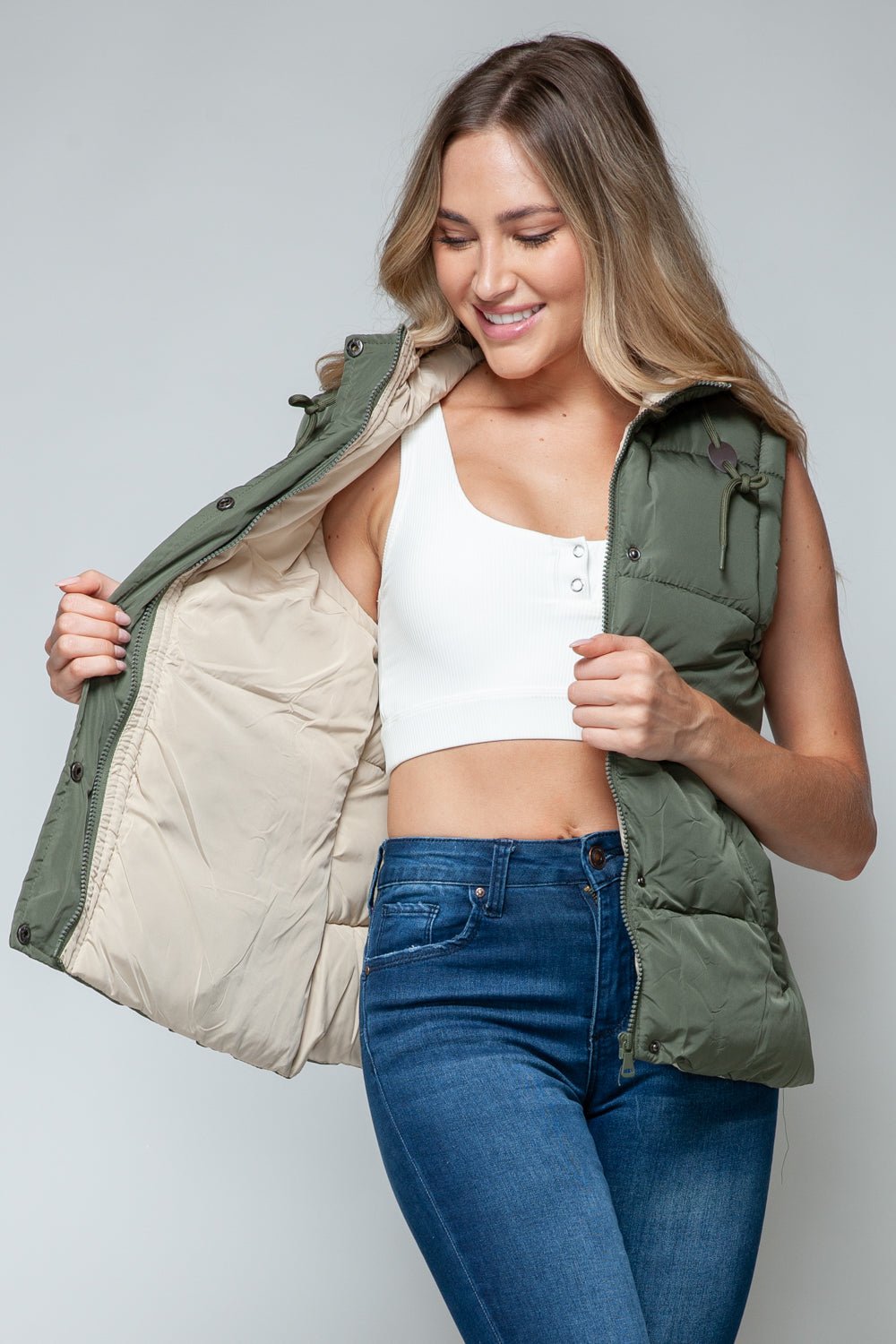 SNOBBISH - Snap and Zip Closure Hooded Vest in Light Olive Sand