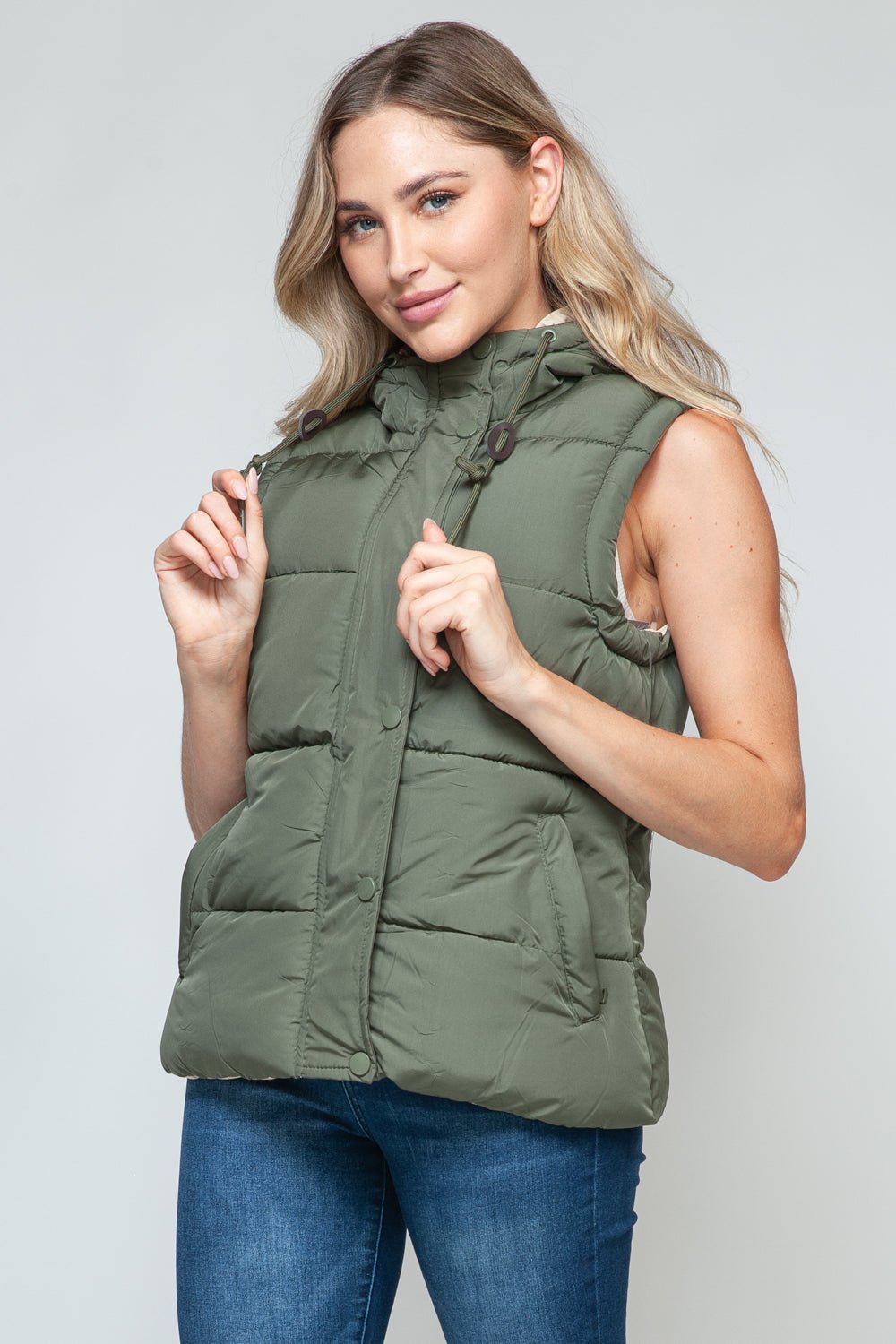 SNOBBISH - Snap and Zip Closure Hooded Vest in Light Olive Sand