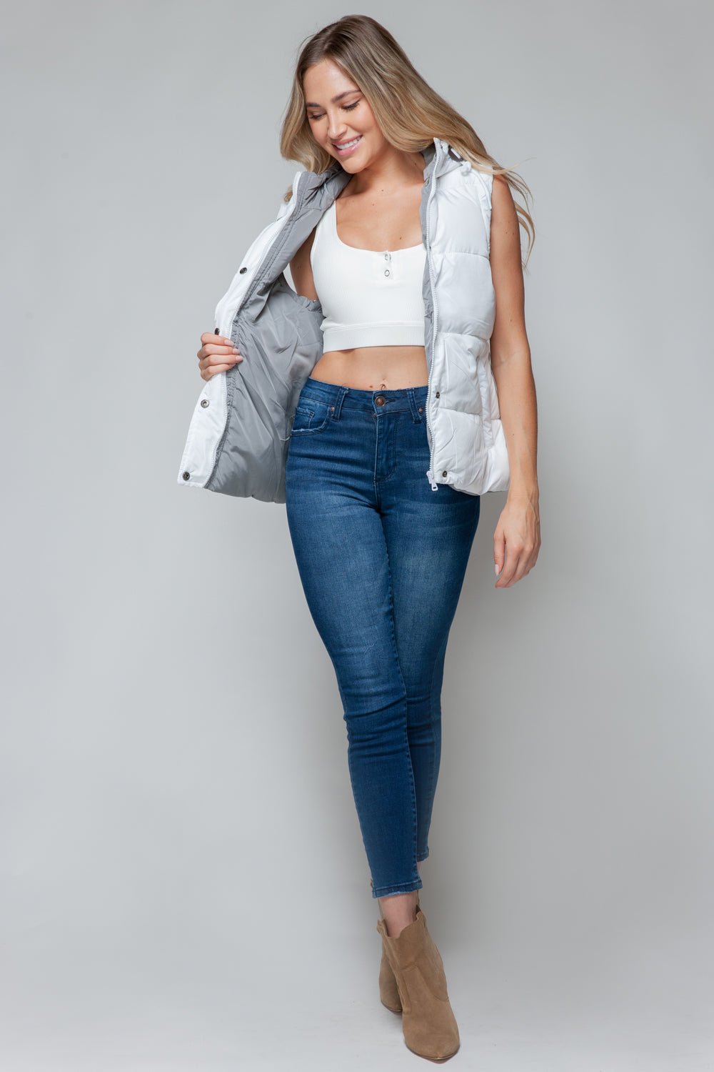 SNOBBISH - Snap and Zip Closure Hooded Vest in White Chiseled Stone