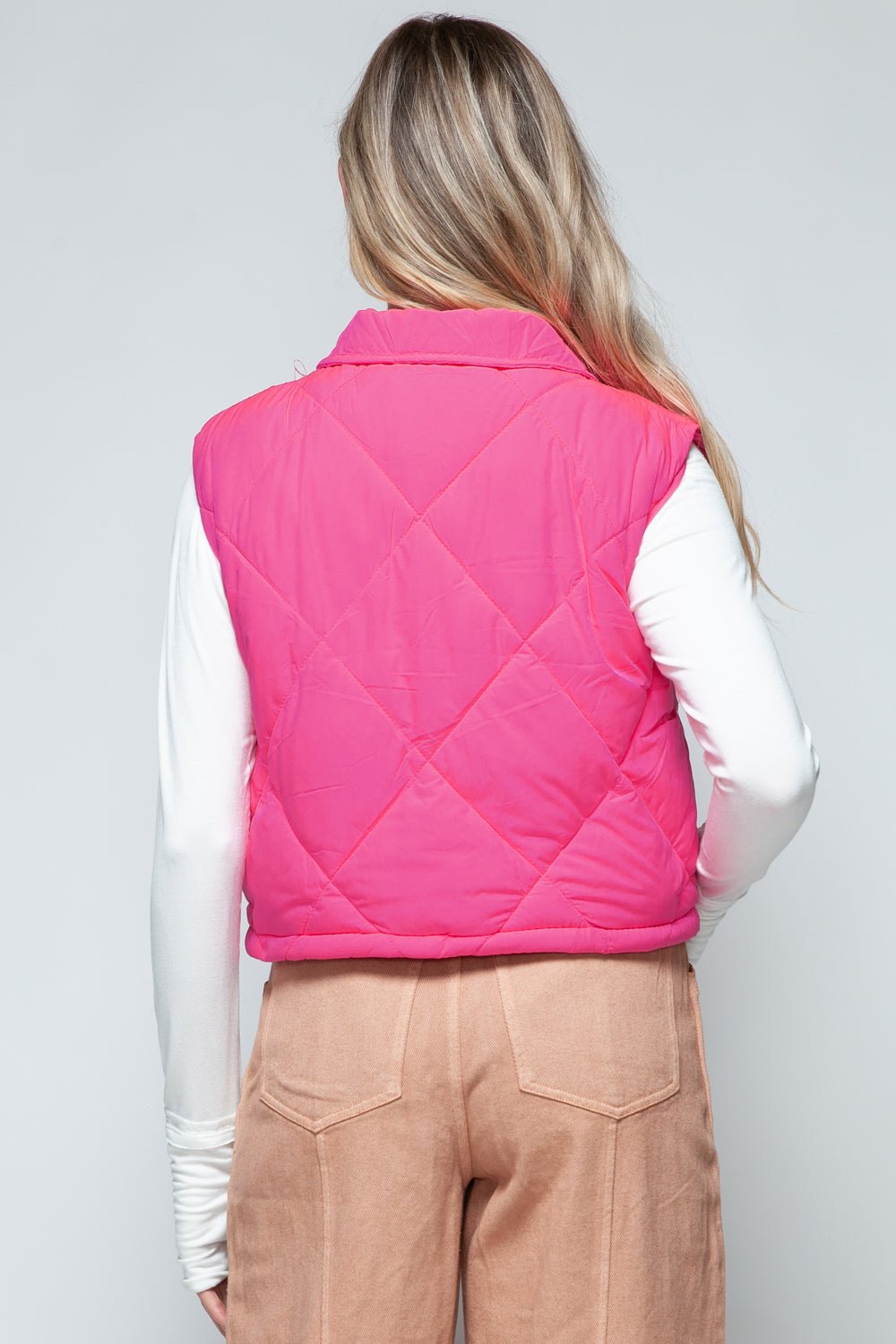 SNOBBISH - Snap Down Quilted Crop Vest in Hot Pink