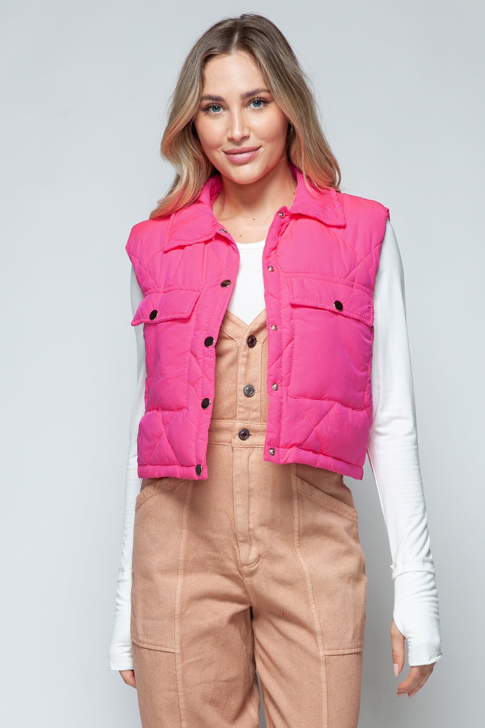 SNOBBISH - Snap Down Quilted Crop Vest in Hot Pink