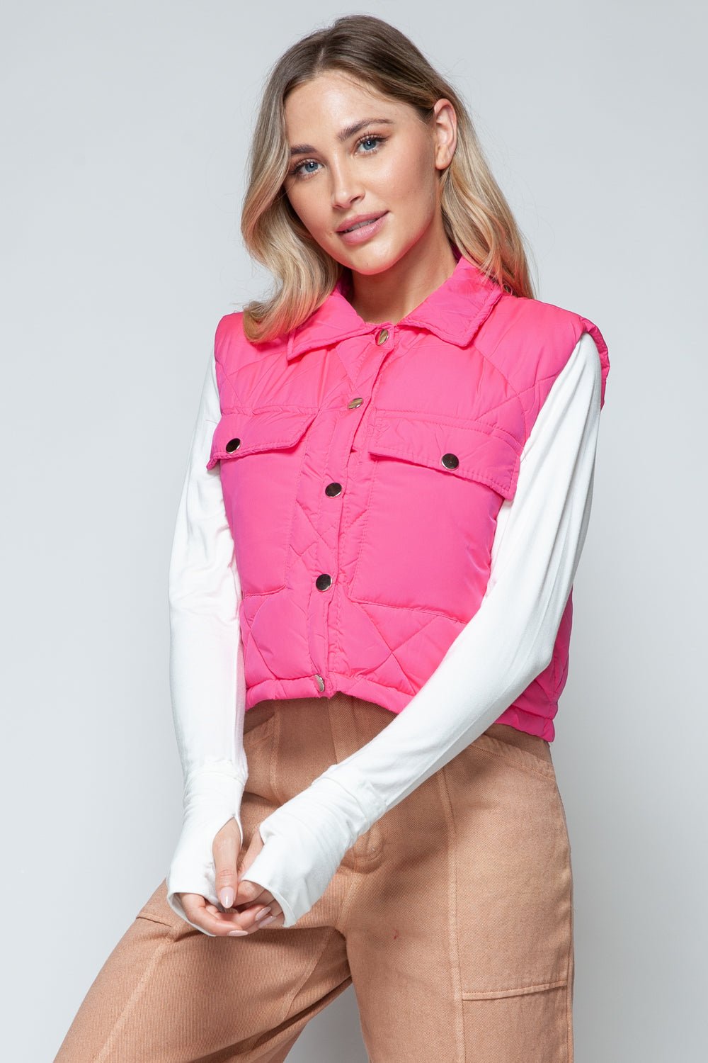 SNOBBISH - Snap Down Quilted Crop Vest in Hot Pink