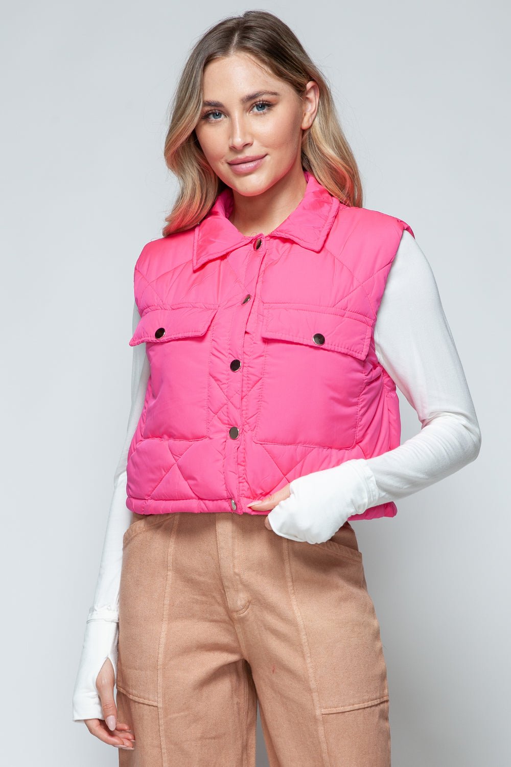 SNOBBISH - Snap Down Quilted Crop Vest in Hot Pink