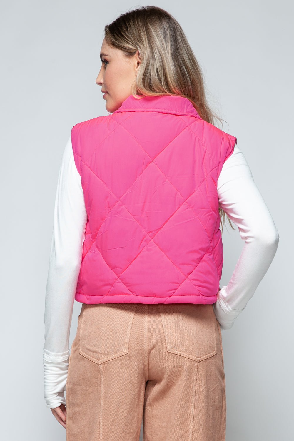 SNOBBISH - Snap Down Quilted Crop Vest in Hot Pink