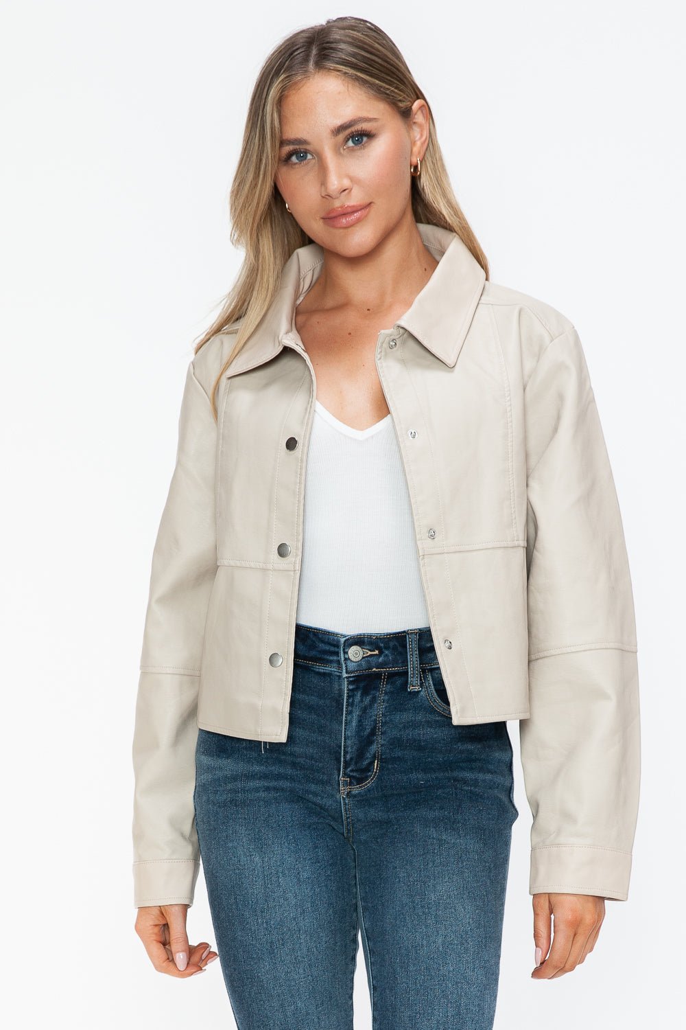 SNOBBISH - Snap Down Vegan Leather Jacket in Sand