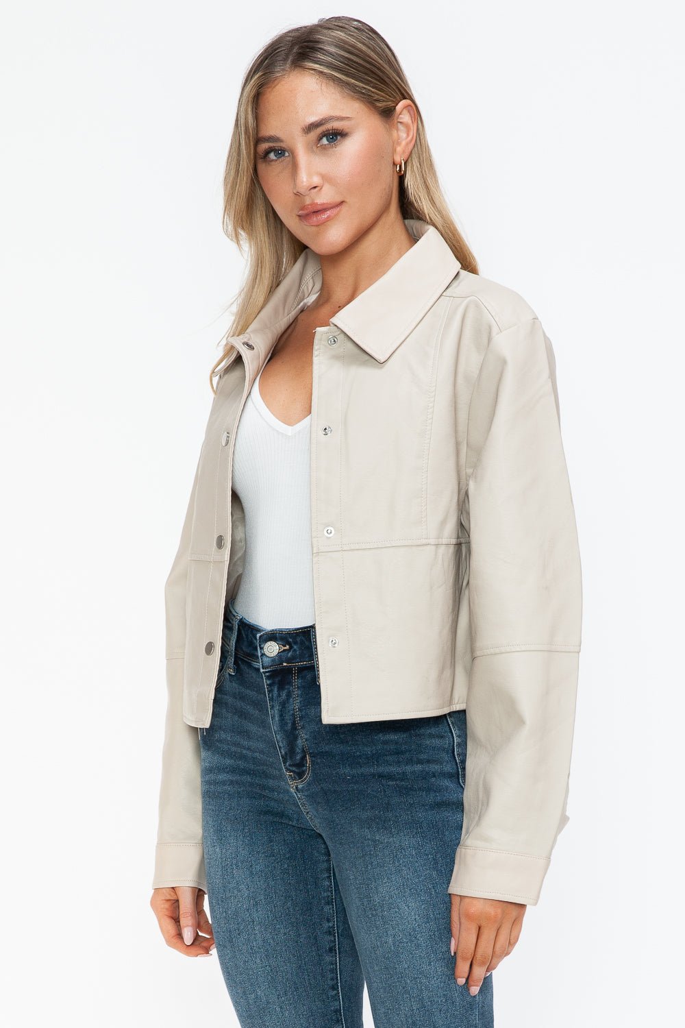 SNOBBISH - Snap Down Vegan Leather Jacket in Sand