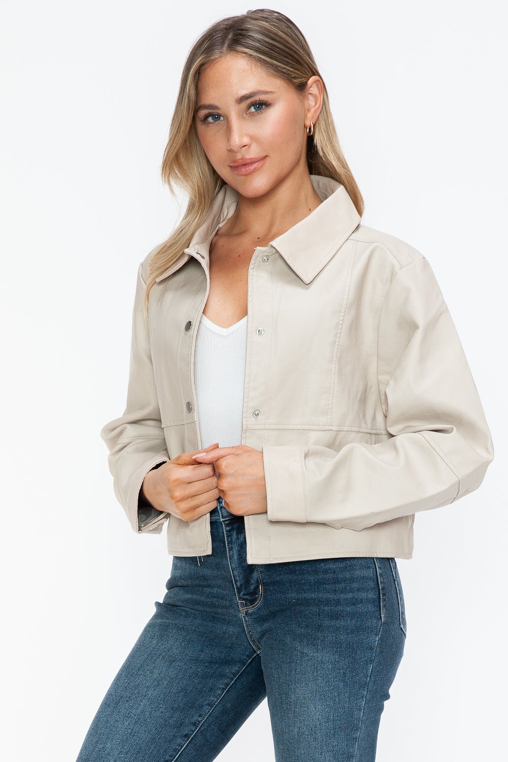 SNOBBISH - Snap Down Vegan Leather Jacket in Sand