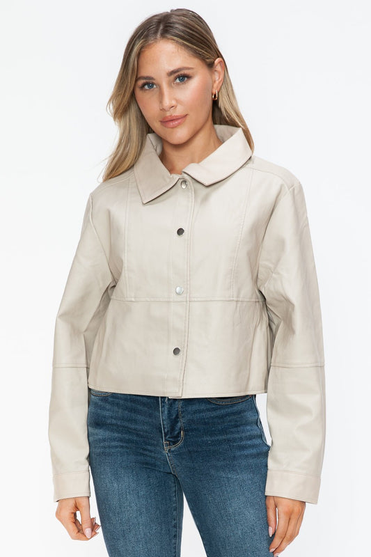 SNOBBISH - Snap Down Vegan Leather Jacket in Sand