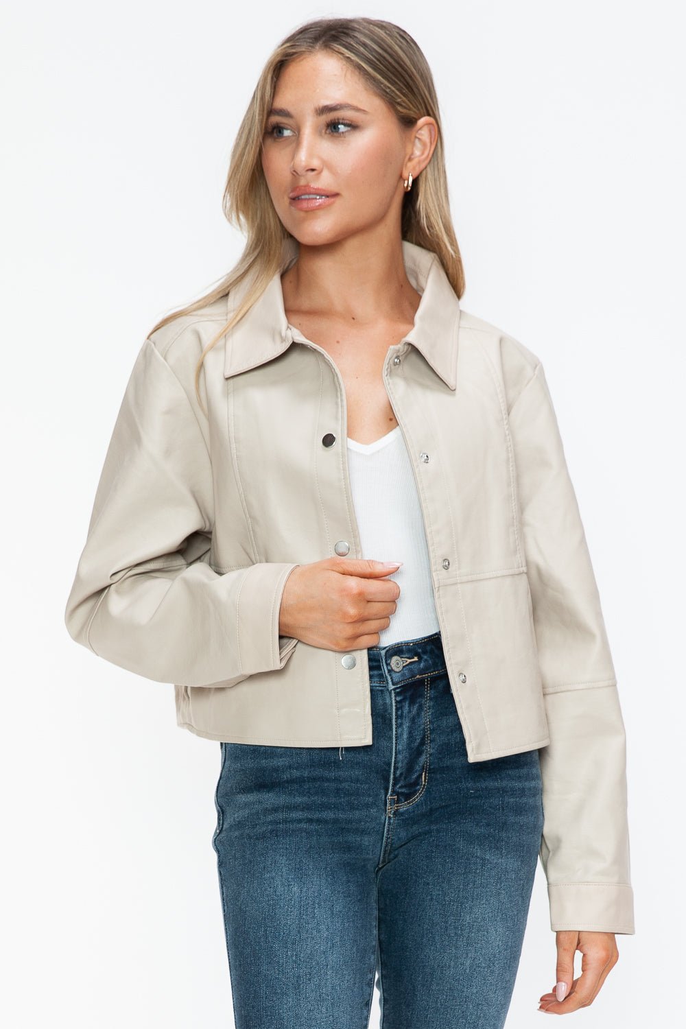 SNOBBISH - Snap Down Vegan Leather Jacket in Sand