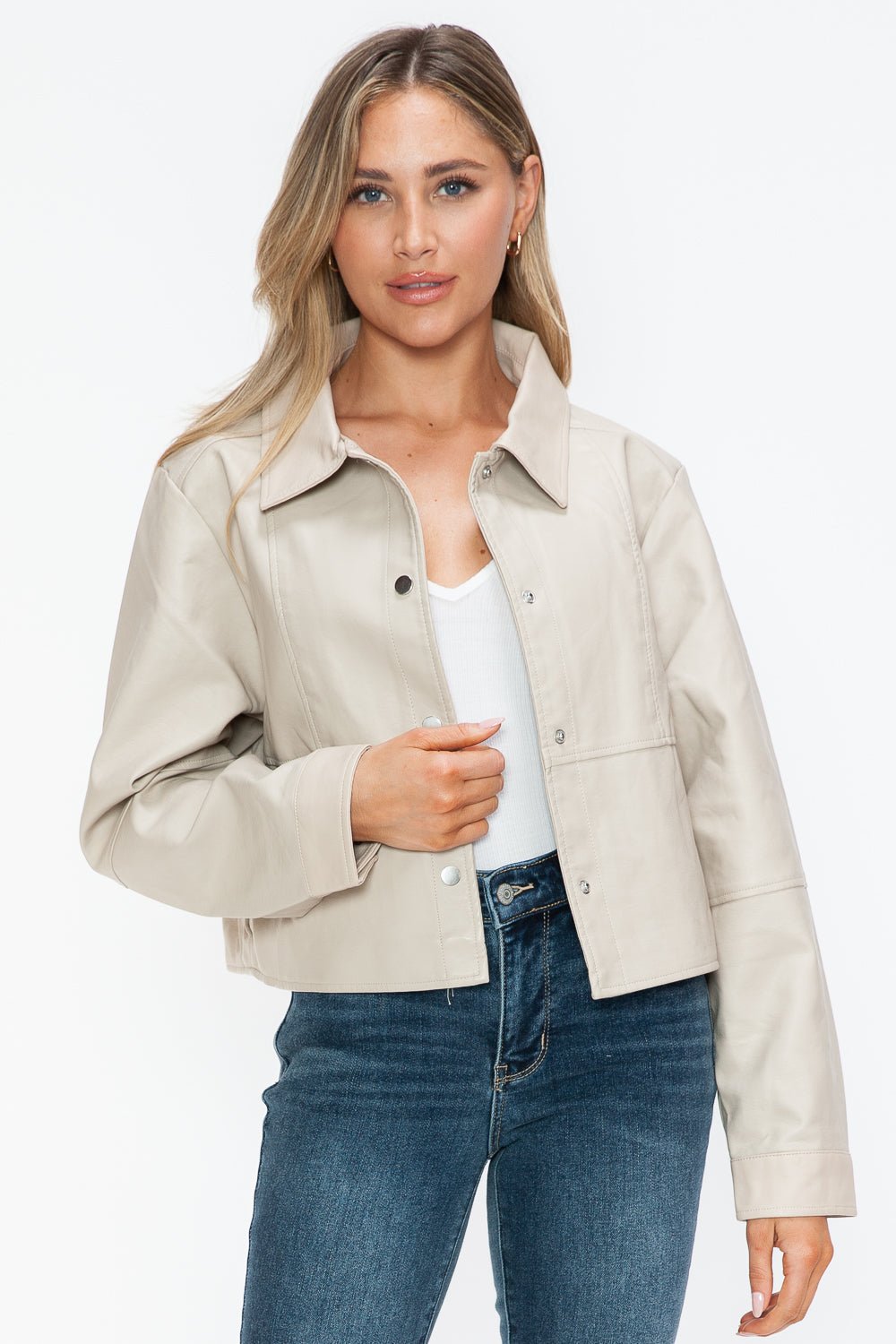 SNOBBISH - Snap Down Vegan Leather Jacket in Sand