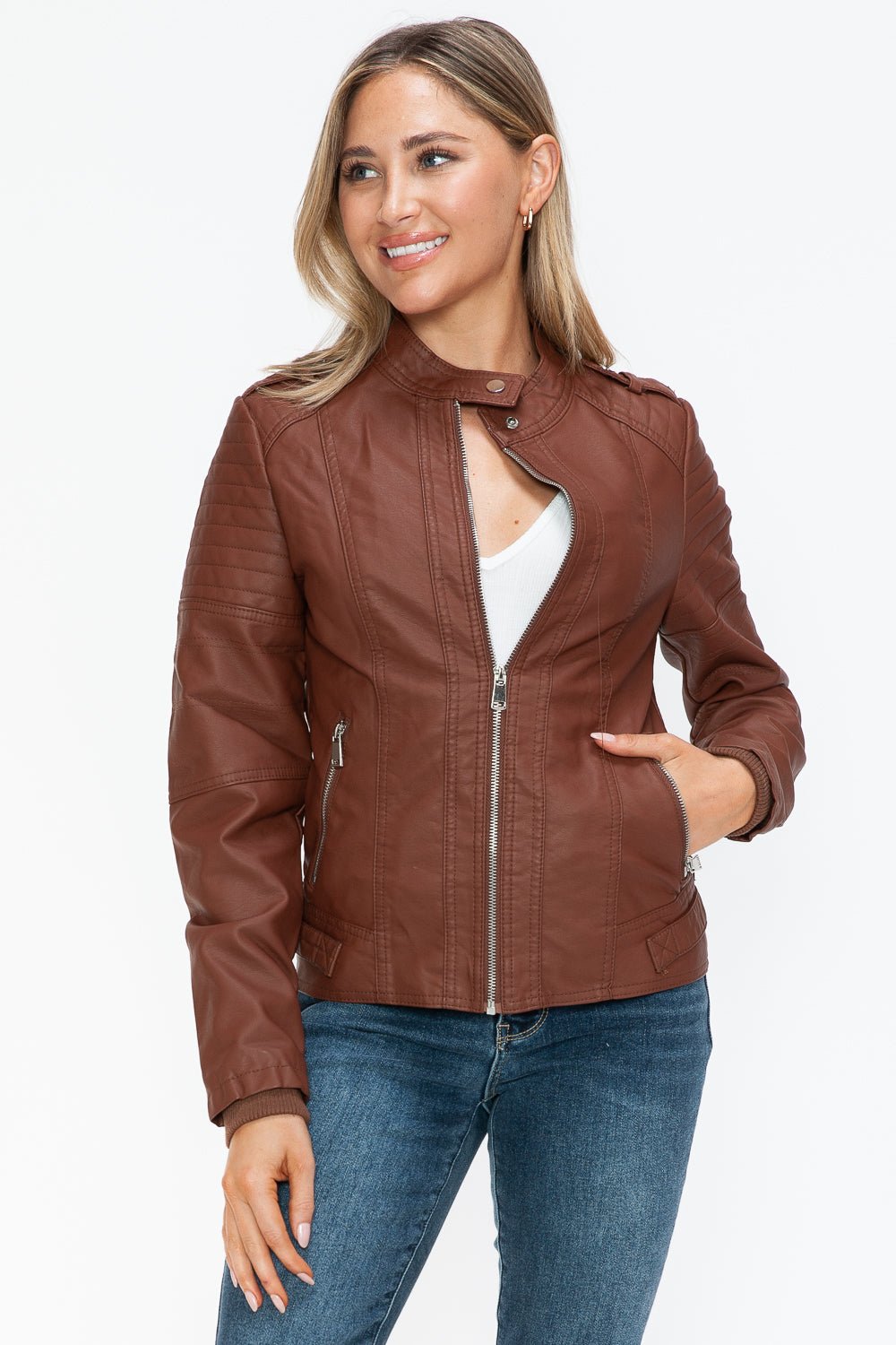 SNOBBISH - Vegan Leather Biker Jacket in Brandy