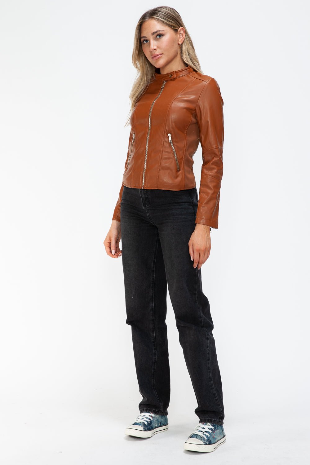 SNOBBISH - Vegan Leather Hooded Jacket in Camel