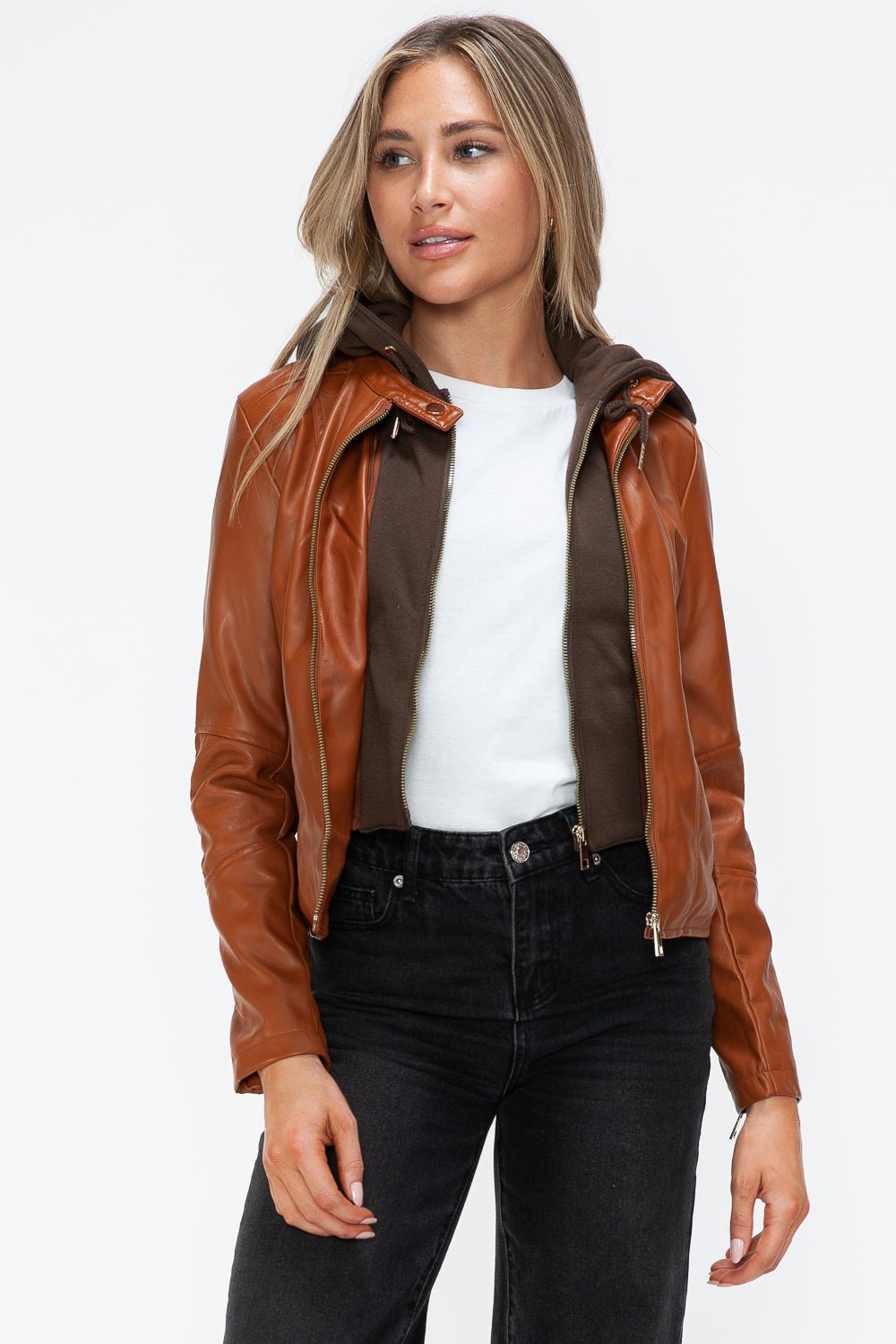 SNOBBISH - Vegan Leather Hooded Jacket in Camel