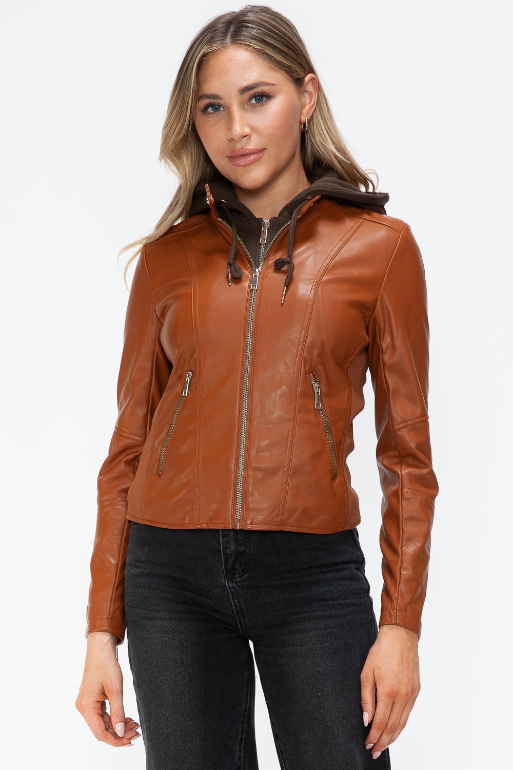 SNOBBISH - Vegan Leather Hooded Jacket in Camel