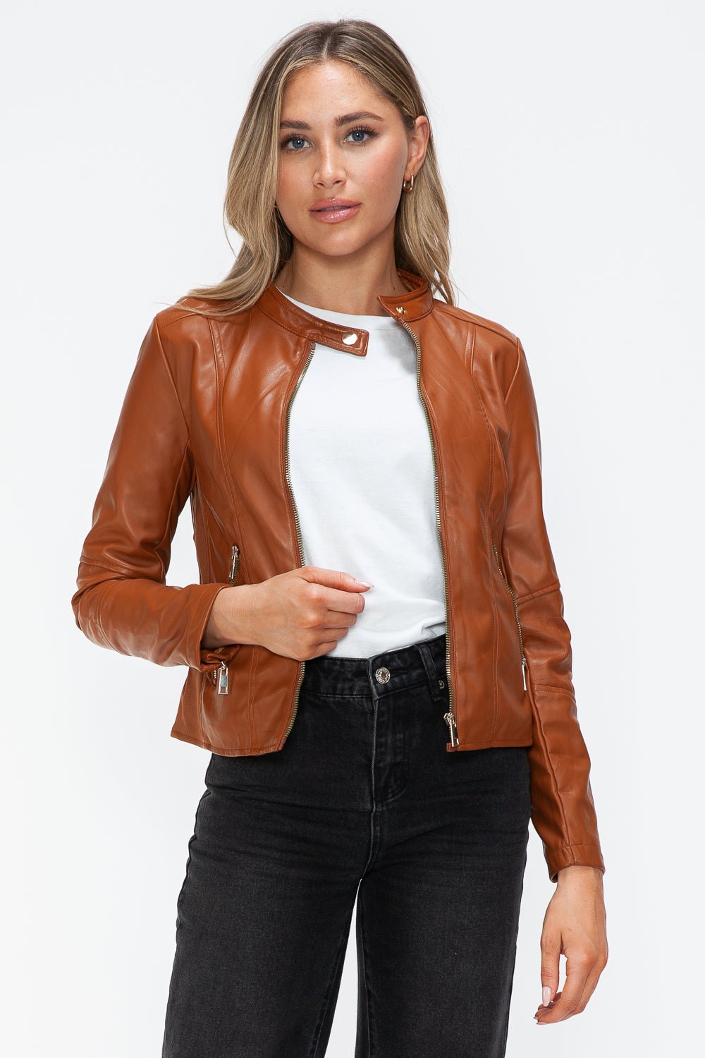 SNOBBISH - Vegan Leather Hooded Jacket in Camel