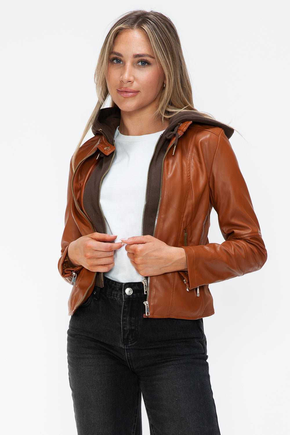 SNOBBISH - Vegan Leather Hooded Jacket in Camel