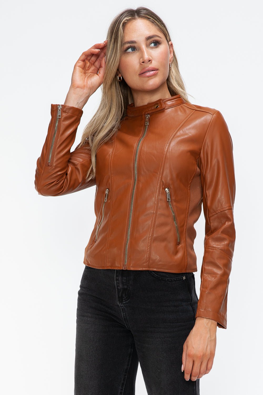 SNOBBISH - Vegan Leather Hooded Jacket in Camel